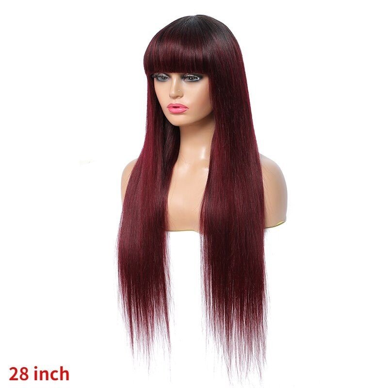 #1B/99J Brazilian Straight Human Hair Wigs with Bangs #99J No Glue Wig - Inspiren-Ezone