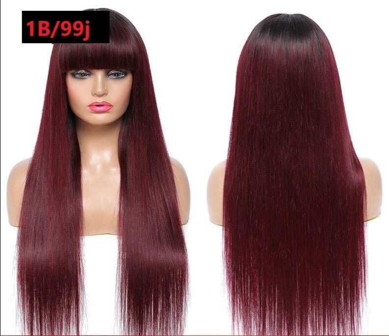 #1B/99J Brazilian Straight Human Hair Wigs with Bangs #99J No Glue Wig - Inspiren-Ezone