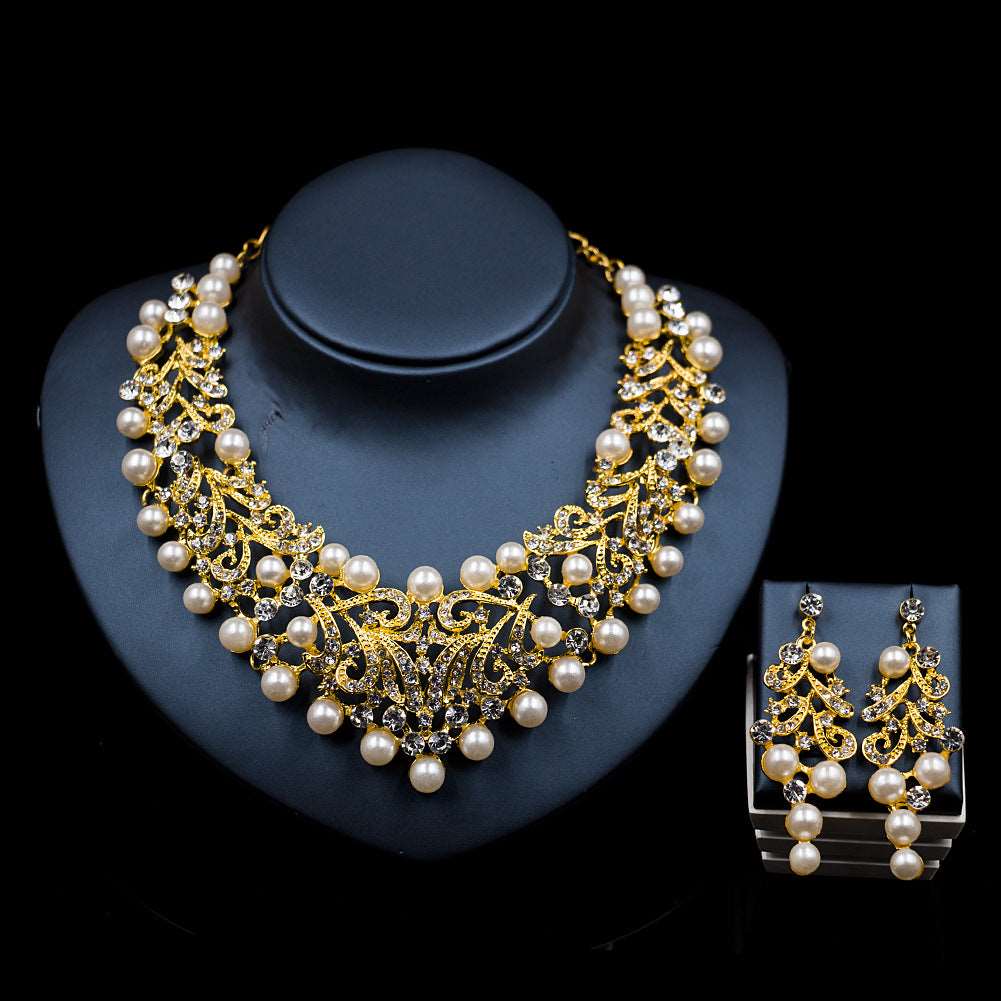 2021 Amazon quick sell explosion, bride Pearl Glass, diamond banquet, necklace, earring set, alloy - Inspiren-Ezone