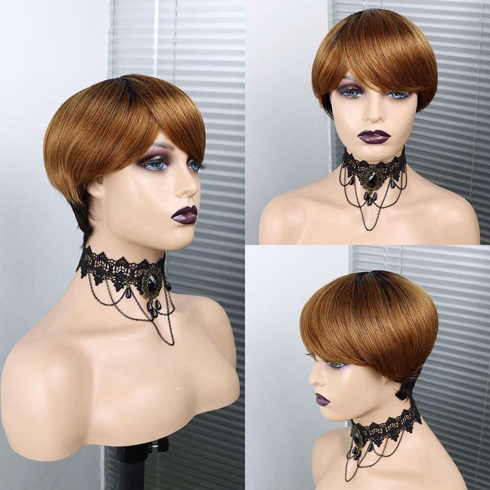 6inch #Burg Pixie Short Cut 100% Straight Human Hair Wig with Bangs Br - Inspiren-Ezone