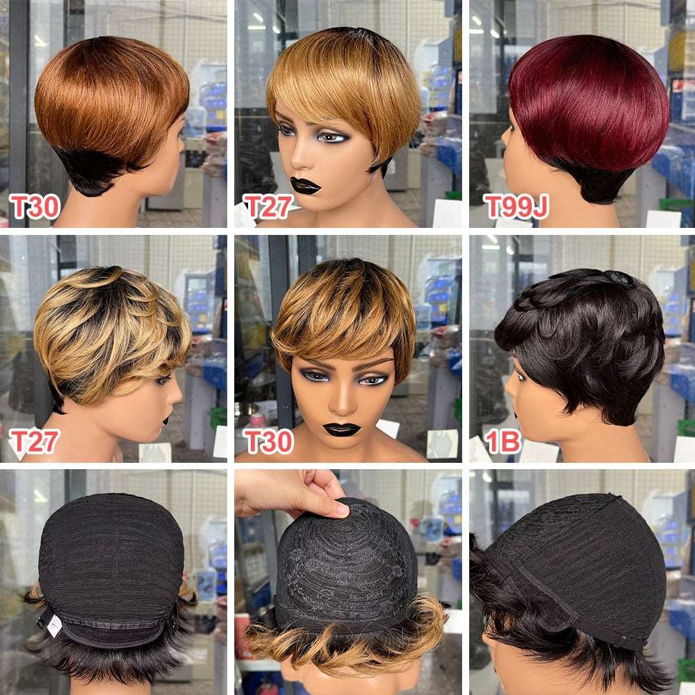 6inch #Burg Pixie Short Cut 100% Straight Human Hair Wig with Bangs Br - Inspiren-Ezone