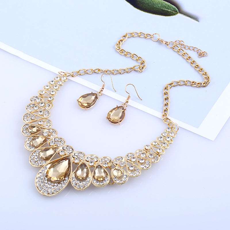 American jewelry fashion temperament Metal Necklace Earrings Set gem diamond drop bride accessories - Inspiren-Ezone