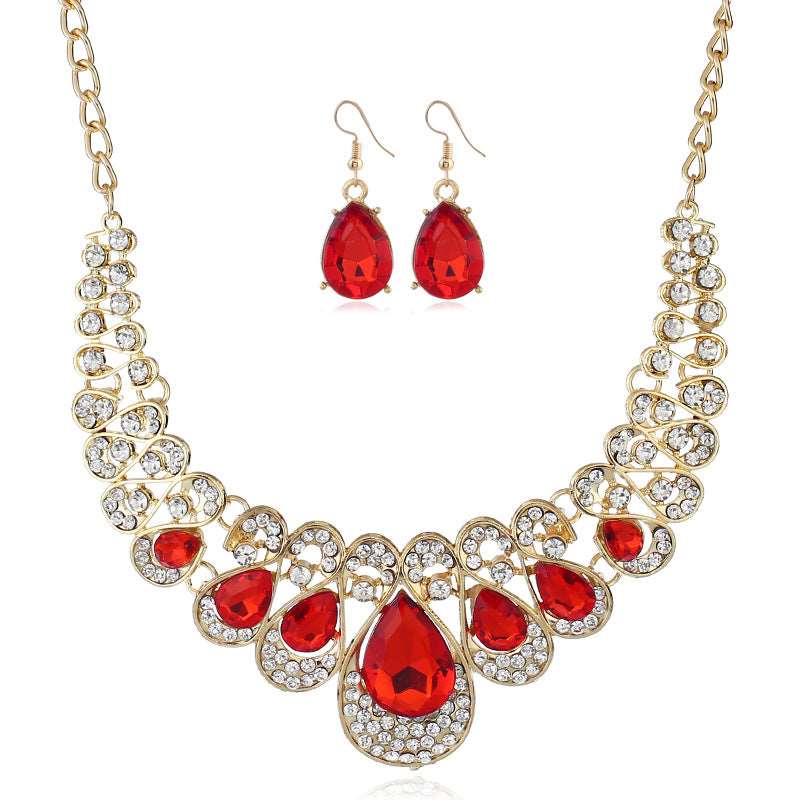 American jewelry fashion temperament Metal Necklace Earrings Set gem diamond drop bride accessories - Inspiren-Ezone
