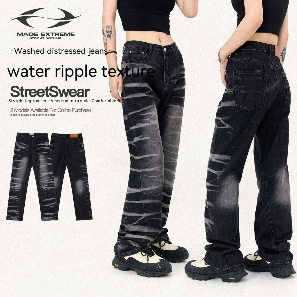 Avant-garde Street Washed Corrugated Straight Jeans Men And Women - Inspiren-Ezone