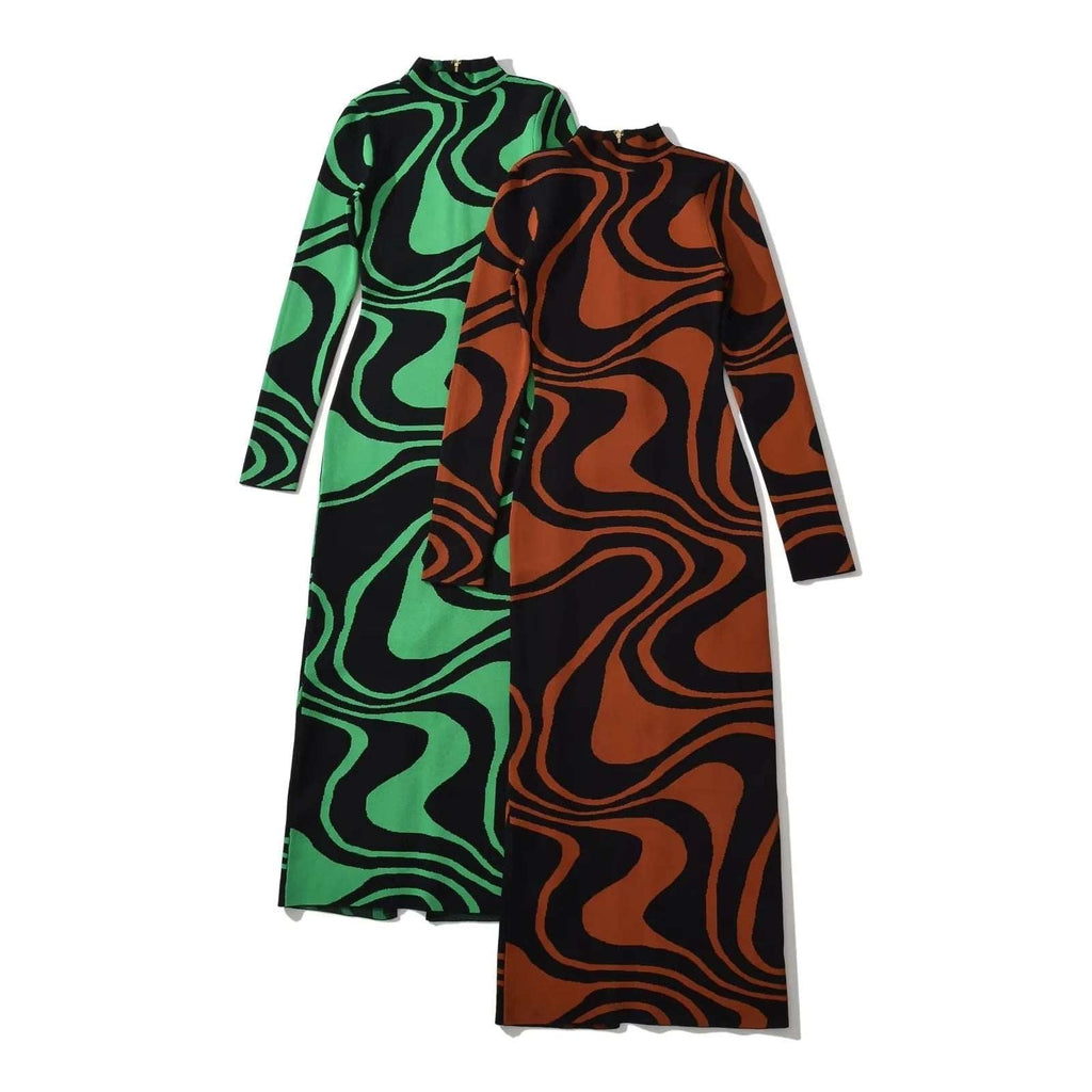 Back Zipper High Collar Abstract Jacquard Knitted Dress For Women - Inspiren-Ezone