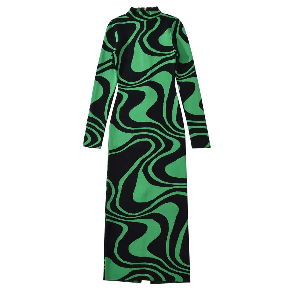 Back Zipper High Collar Abstract Jacquard Knitted Dress For Women - Inspiren-Ezone