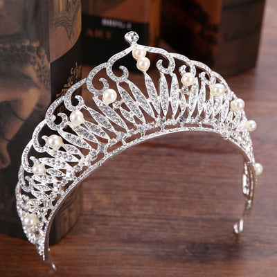 European and American high-end wedding bride Pearl crystal ornament jewelry crown hair headdress handmade jewelry trade - Inspiren-Ezone