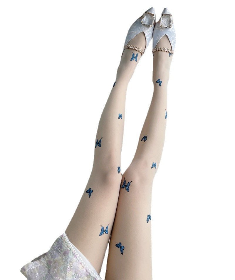 Blue Butterfly Print Core-spun Bottoming Stockings - Inspiren-Ezone