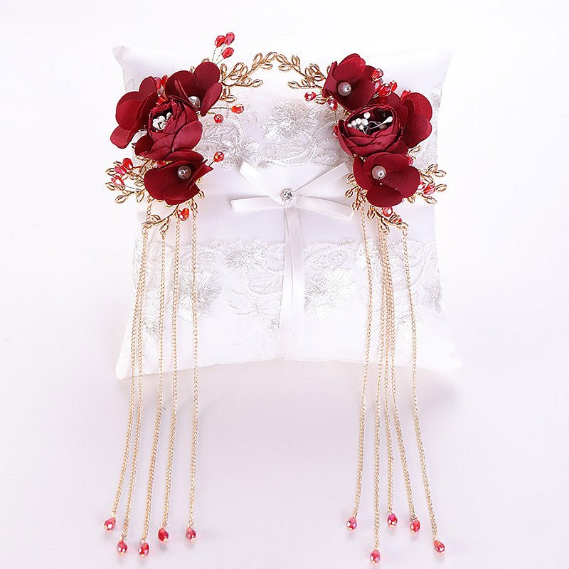 Bridal fabric headdress red flowers Chinese hairpin - Inspiren-Ezone