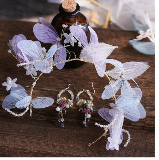 Bridal Headdress Head Flower Wings Super Fairy Hair Band Earrings Hair Accessory Set - Inspiren-Ezone