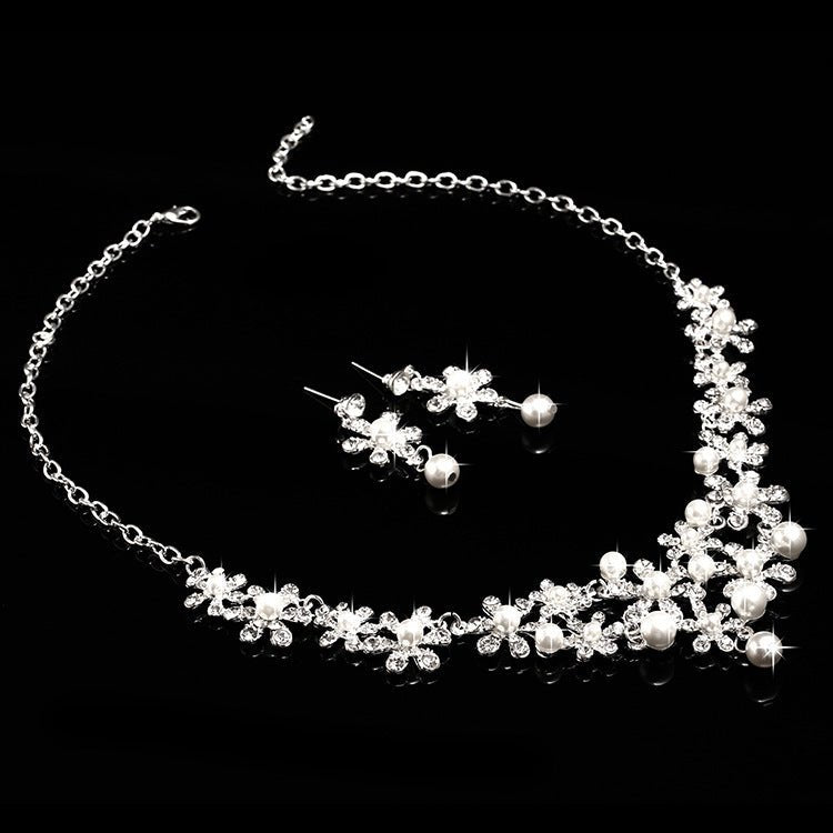 Bridal headdress, three sets of crystal flower necklace, diamond earrings, European and American Wind crown, wedding jewelry - Inspiren-Ezone
