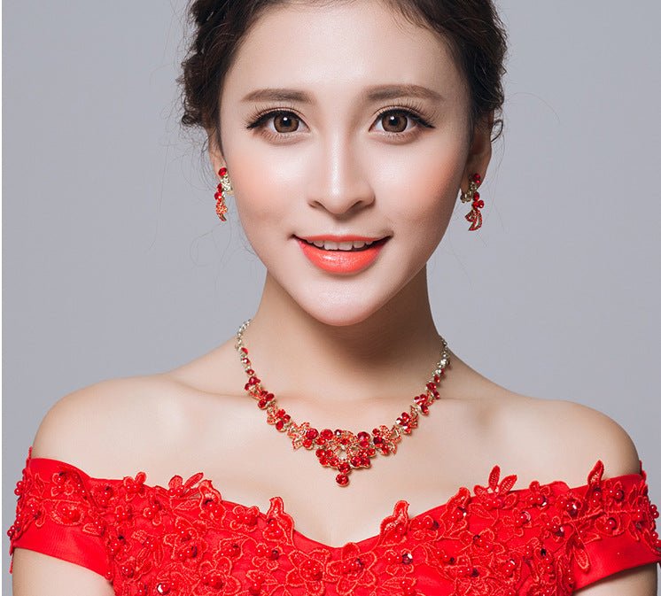 Bridal jewelry, red necklace, earrings, three sets of toast, clothing accessories - Inspiren-Ezone