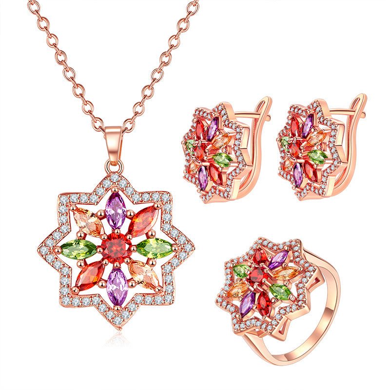 Bridal zircon suite, European and American zircon necklace earrings, three sets of crystal eight star star jewelry, India Necklace Set - Inspiren-Ezone