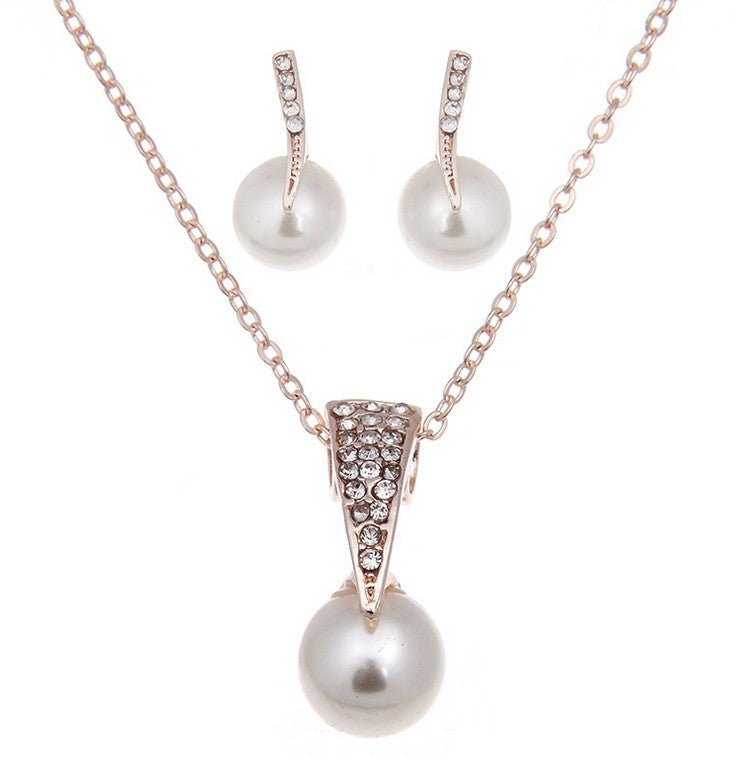 Bride Rhinestone Pearl Earrings Necklace Set Banquet Dress Jewelry - Inspiren-Ezone
