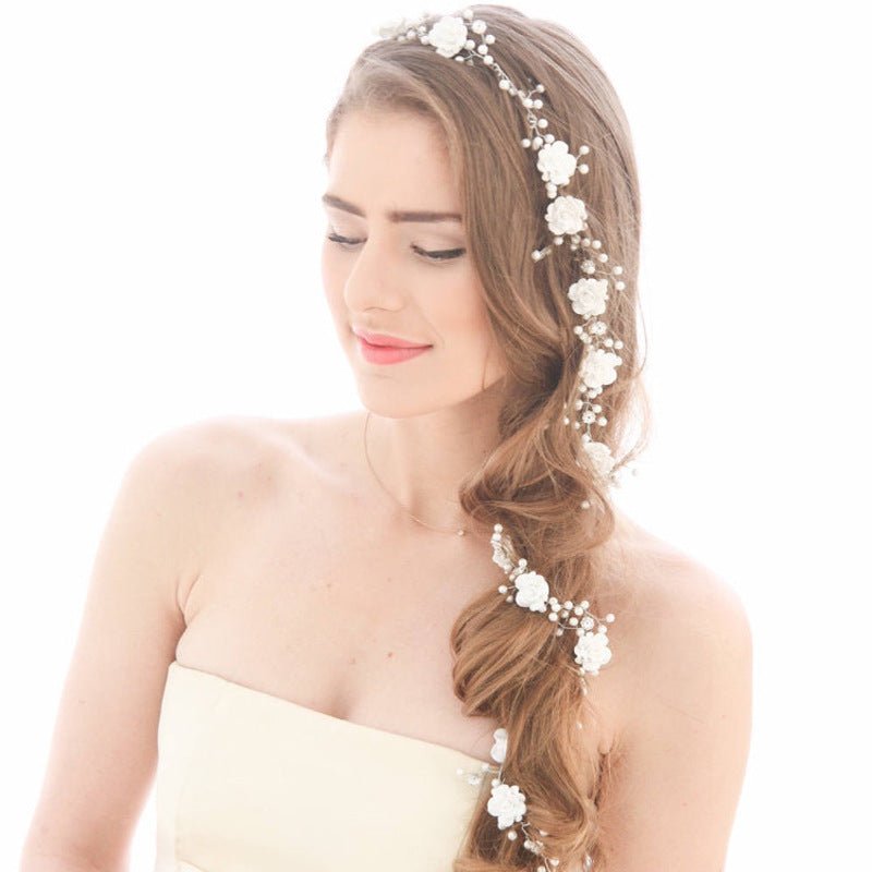 Bride's wedding photo building with makeup handmade pearl white flowers and long soft chain hair chain 1 meters 1 - Inspiren-Ezone