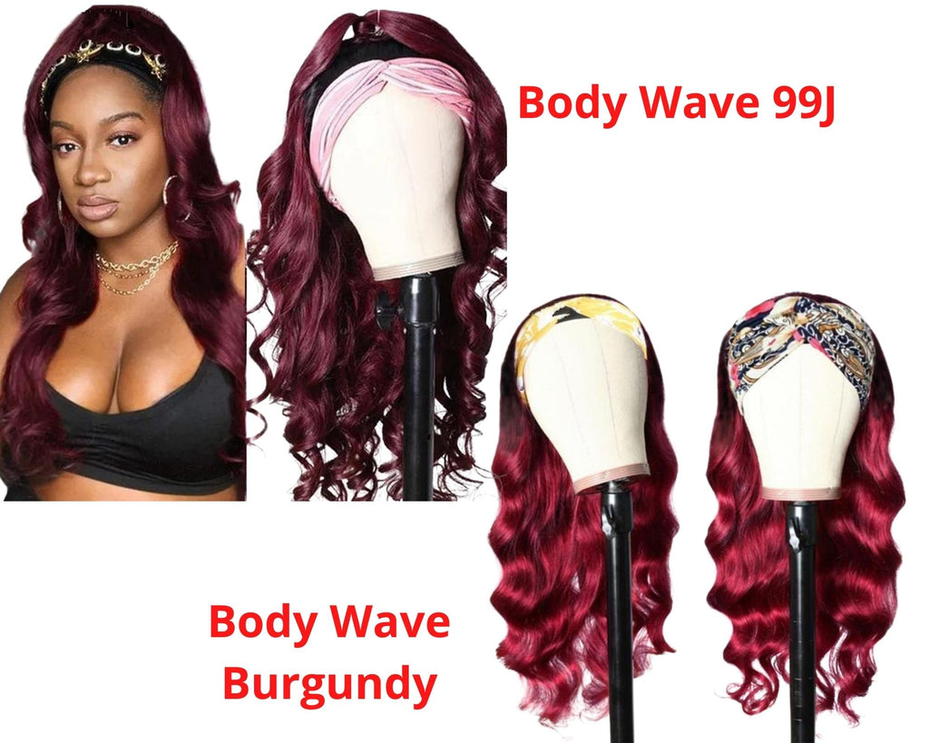 Burgundy Headband Body Wave Human Hair Wig #99J Scarf Wig No GLUE Eas - Inspiren-Ezone