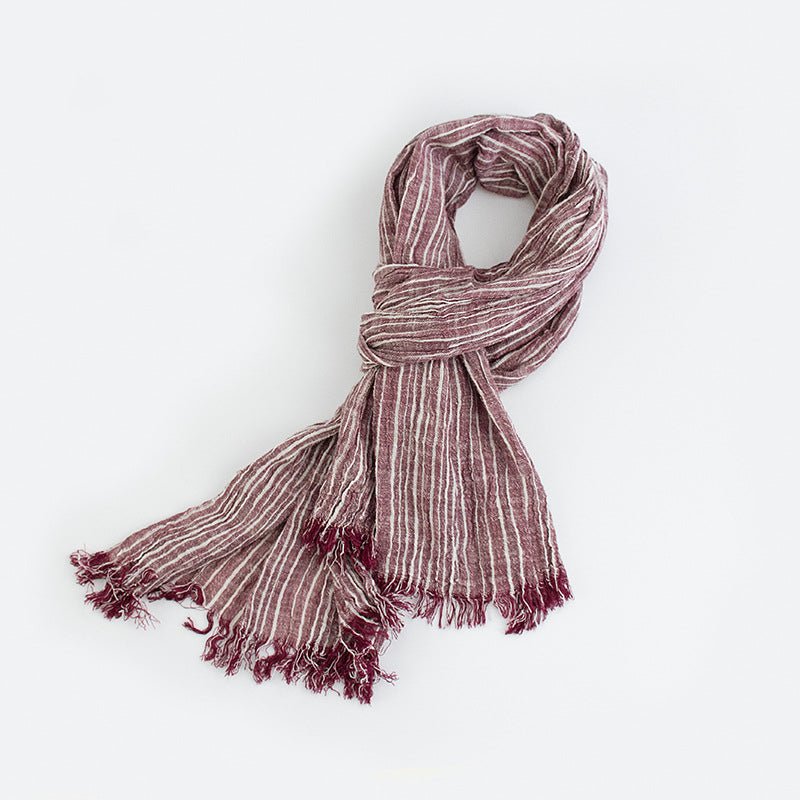 Cotton And Linen Scarf Japanese Literary Style Striped Fringed Drape - Inspiren-Ezone