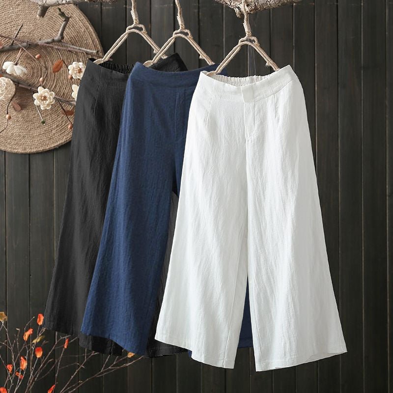 Elastic Waist Cotton And Linen Cropped Wide-leg Pants - Inspiren-Ezone