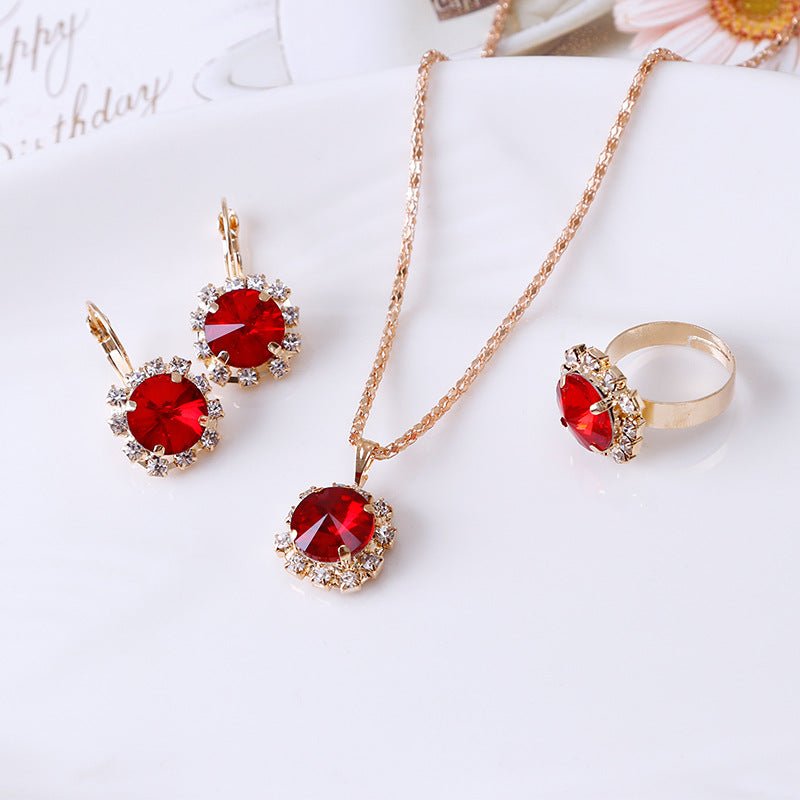 Europe and America fashion round crystal necklace earrings ring set hot jewelry jewelry jewelry - Inspiren-Ezone