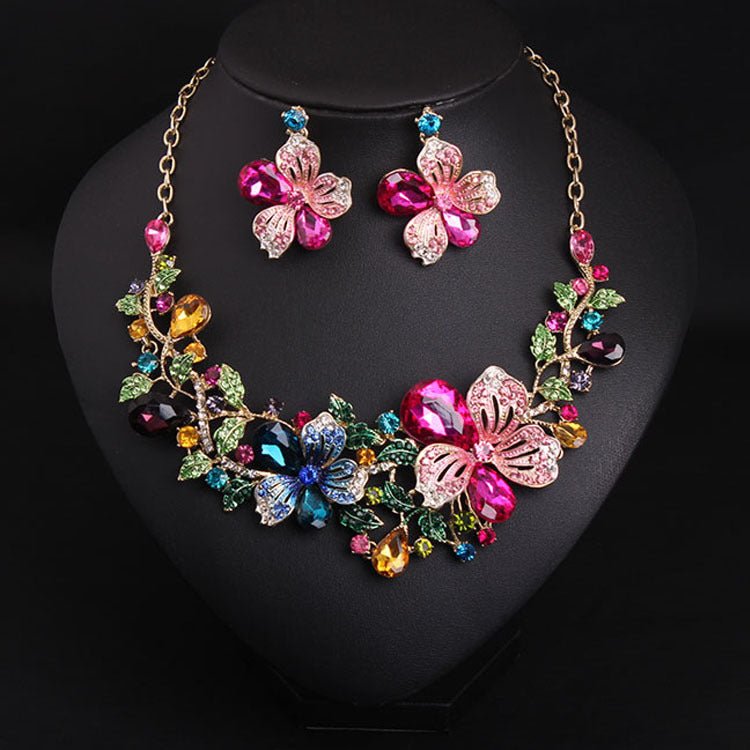 Europe and America luxury color flower crystal drill short clavicle Necklace Earrings Set women bride dinner dress ornaments - Inspiren-Ezone