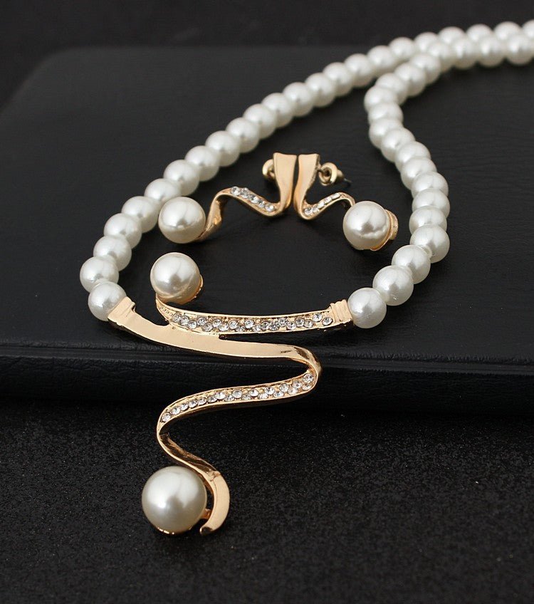 European fashion diamond crystal pearl necklace earrings set bride wedding accessories CMT058 - Inspiren-Ezone