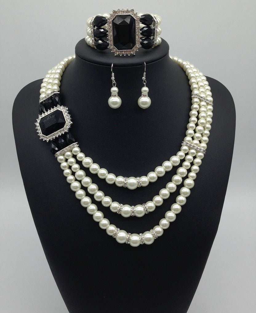 European fashion Diamond Gemstone Pearl Necklace Earrings Set multi bride chain bracelet three piece Necklace - Inspiren-Ezone