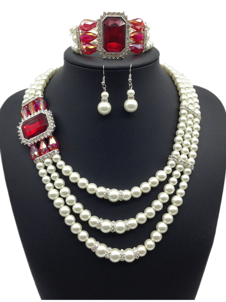 European fashion Diamond Gemstone Pearl Necklace Earrings Set multi bride chain bracelet three piece Necklace - Inspiren-Ezone