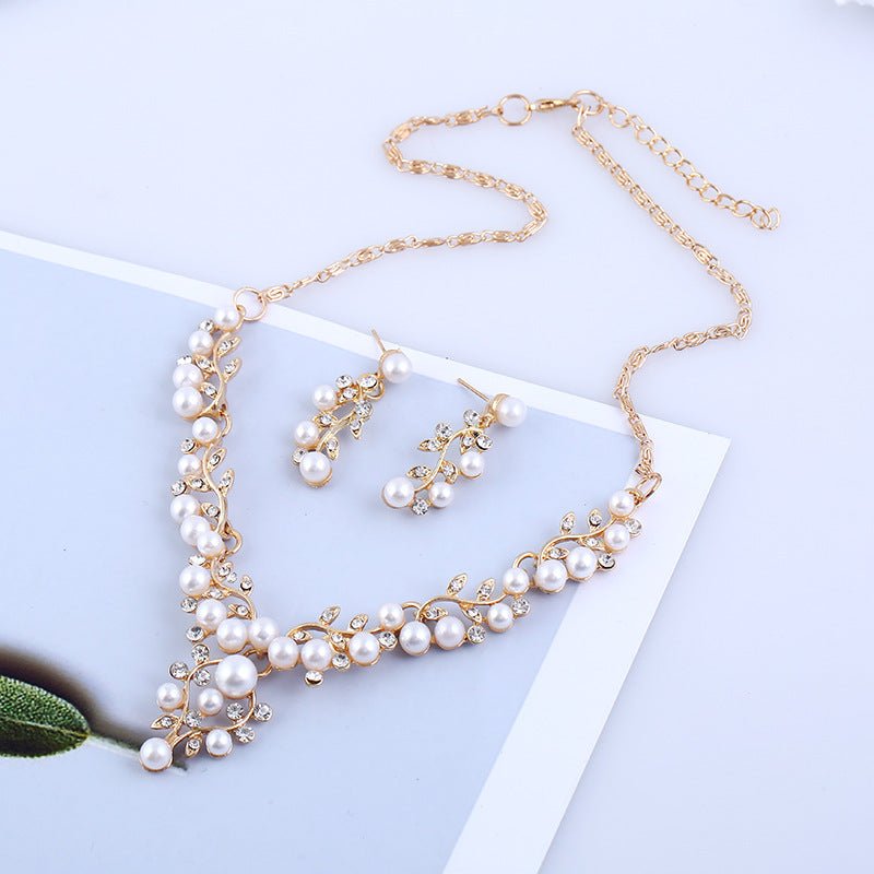 Explosion of European and American fashion chain set sweet temperament all-match pearl diamond earrings necklace bride suit - Inspiren-Ezone