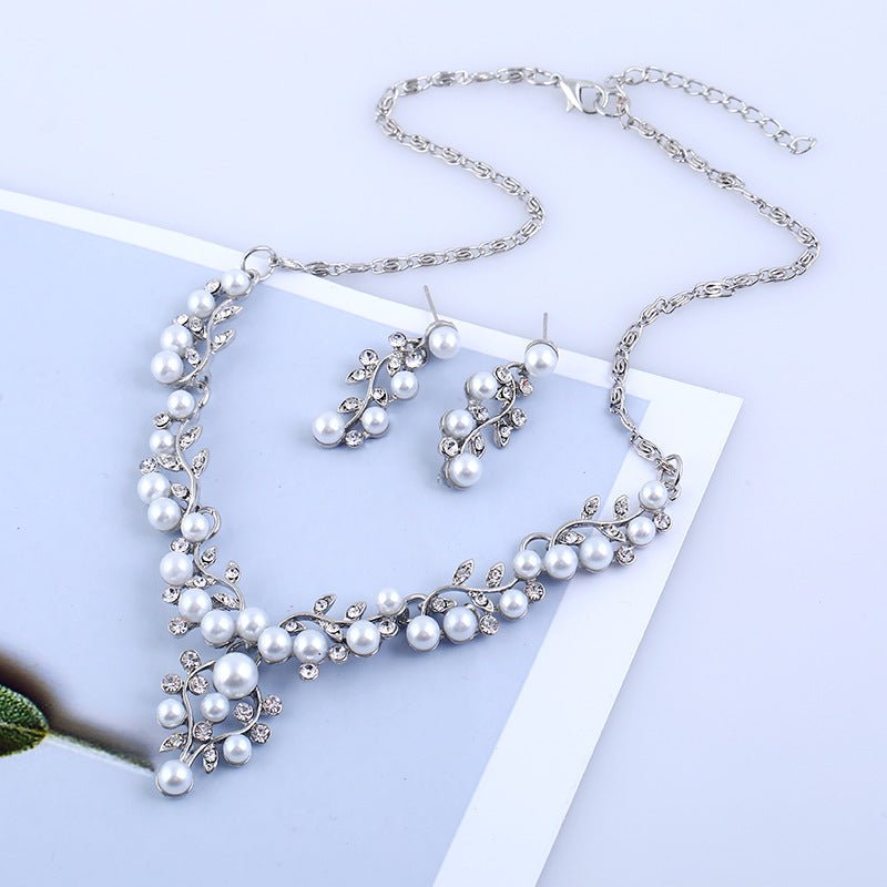 Explosion of European and American fashion chain set sweet temperament all-match pearl diamond earrings necklace bride suit - Inspiren-Ezone