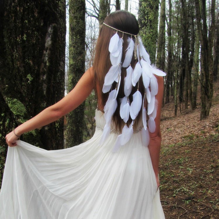 F98 white featherhead Bohemia wedding bride's feather band hair belt - Inspiren-Ezone