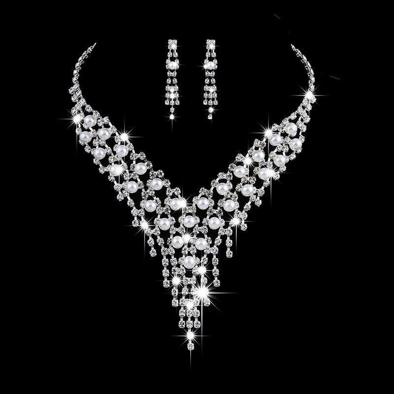 Fashion OL bridal jewelry set, claw chain earrings, Pearl Rhinestone Necklace 465 - Inspiren-Ezone