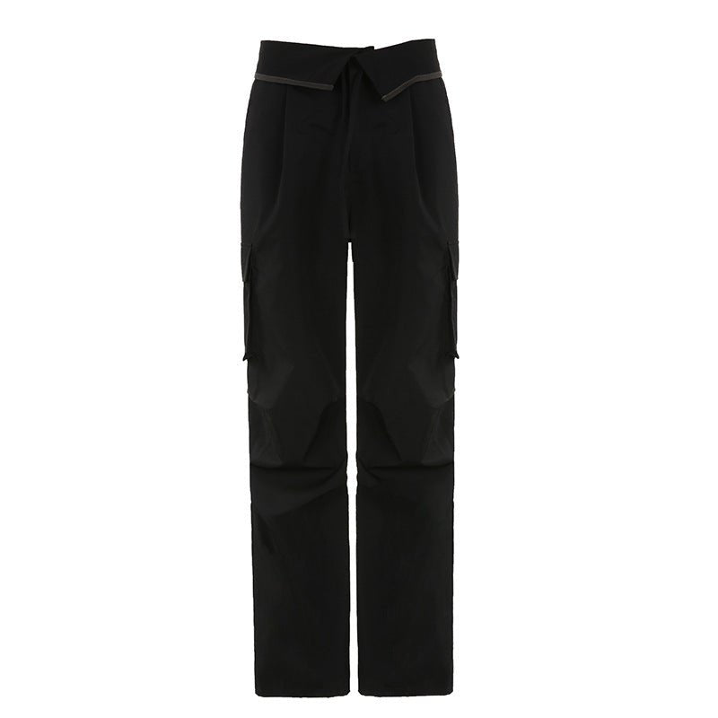 Flanging Waist Head Design Black Casual Working Pants - Inspiren-Ezone