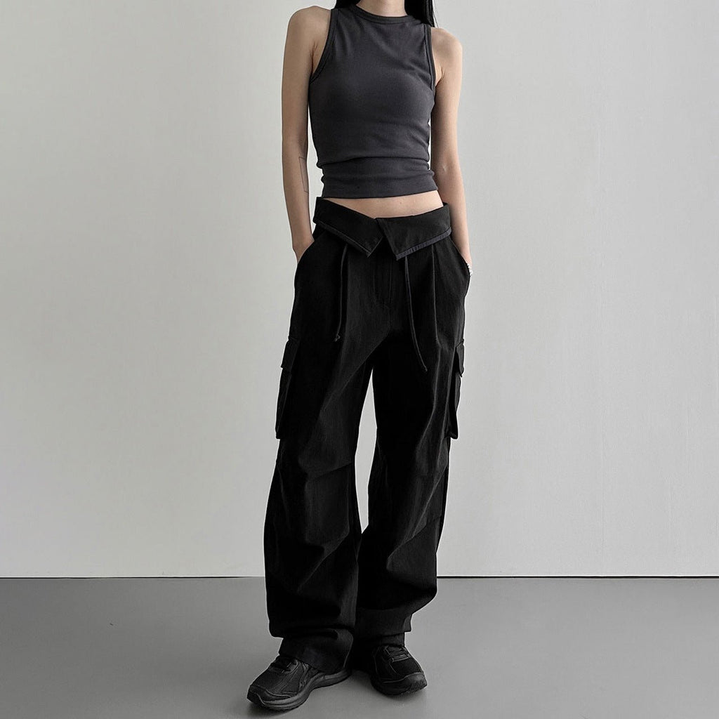 Flanging Waist Head Design Black Casual Working Pants - Inspiren-Ezone