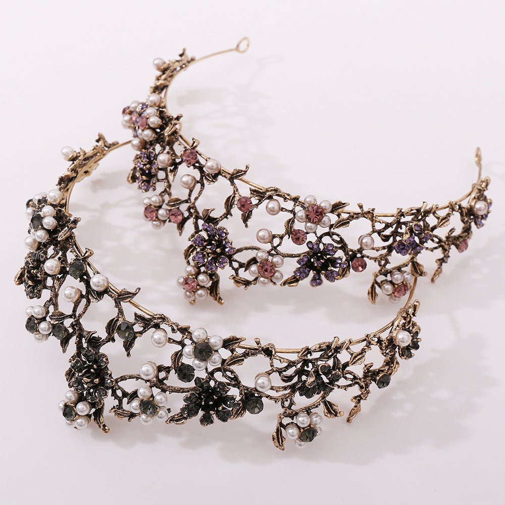 Floral Black Diamond Pearl Baroque Bridal Crown Wedding Tiara Accessories - Inspiren-Ezone