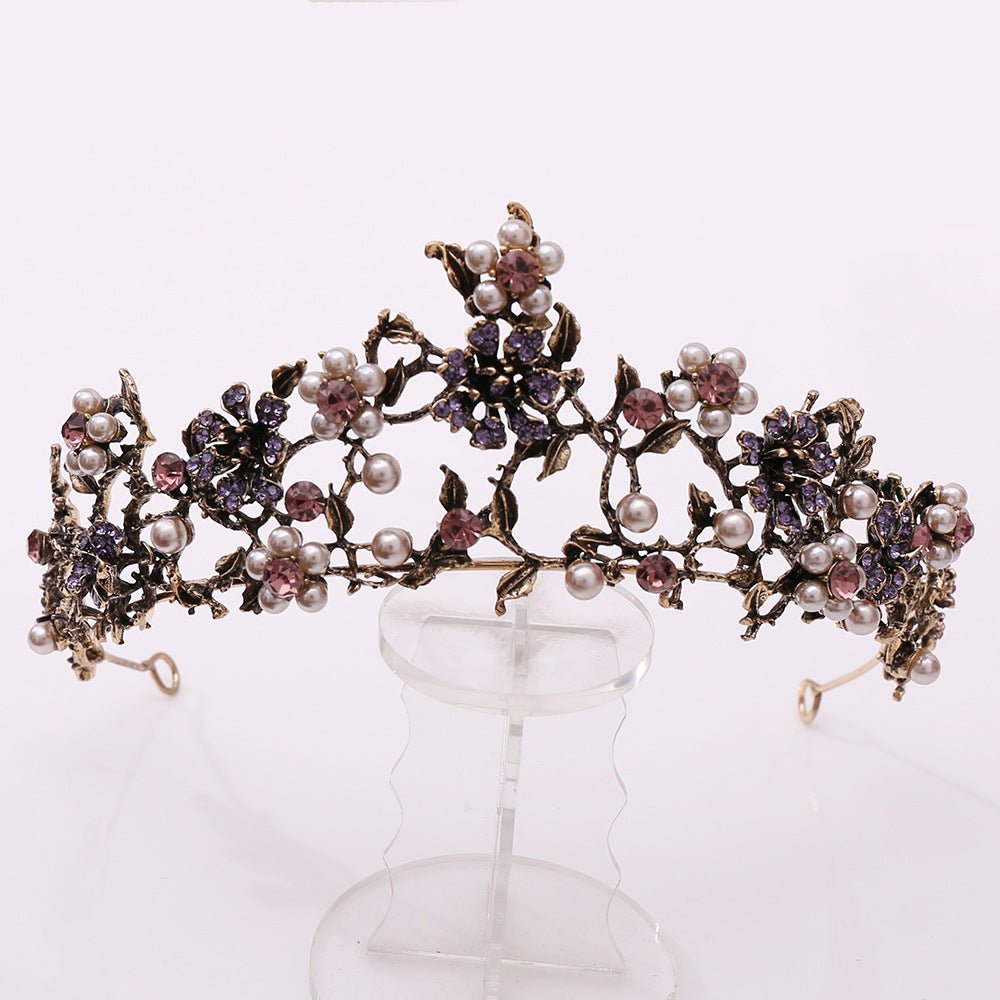 Floral Black Diamond Pearl Baroque Bridal Crown Wedding Tiara Accessories - Inspiren-Ezone