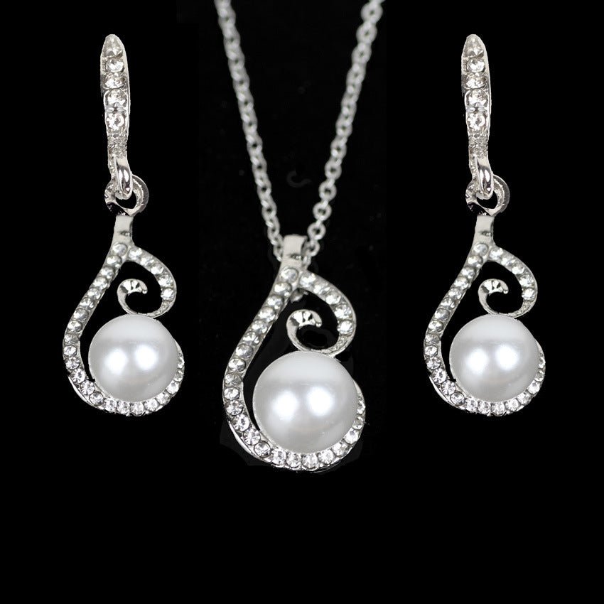 Foreign Bride Rhinestone Diamond Pearl Drop Two Necklace Jewelry Set Europe Party Dress Earrings Jewelry - Inspiren-Ezone