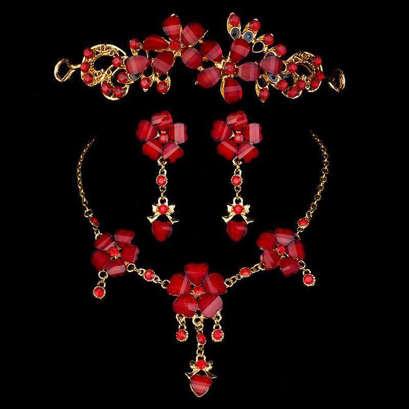 Foreign trade in Europe and the United States explosion bride wedding accessories jewelry set three piece red collar - Inspiren-Ezone