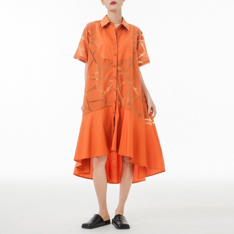 French Retro See-through Geometric Pattern Shirt Dress - Inspiren-Ezone