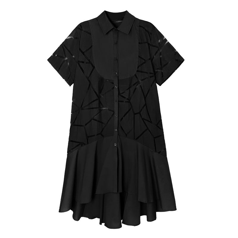 French Retro See-through Geometric Pattern Shirt Dress - Inspiren-Ezone