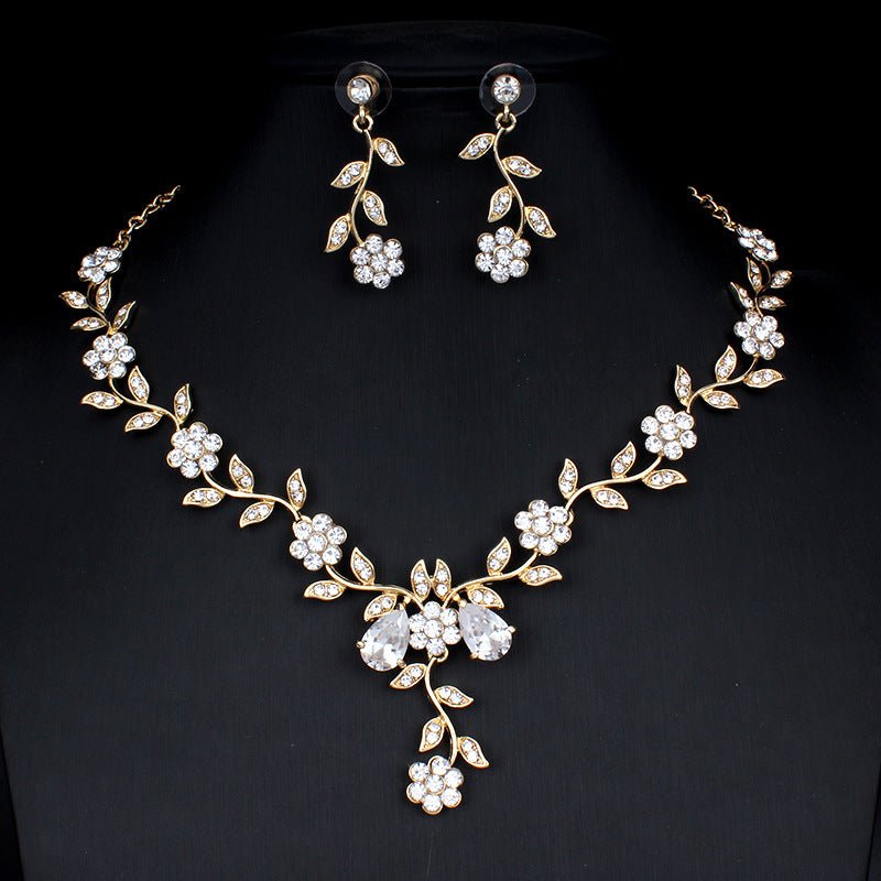 Golden Zircon Jewelry Set Bridal Necklace Earrings Wedding Two-piece Set - Inspiren-Ezone