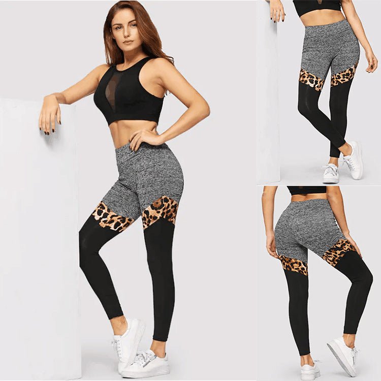 Grey And Black Plus Leopard Print Stitching Polyester Fiber Leggings - Inspiren-Ezone