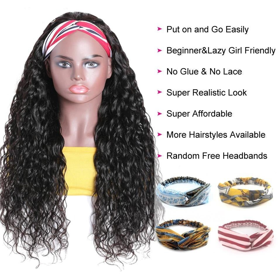 Headband Wig Water Wave Human Hair Scarf Wig No GLUE Easy Wear - Inspiren-Ezone