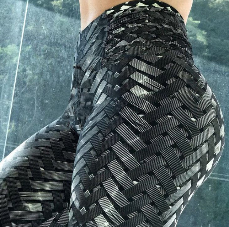 High Waist Iron Weave Print Push Up Yoga Workout Leggings - Inspiren-Ezone