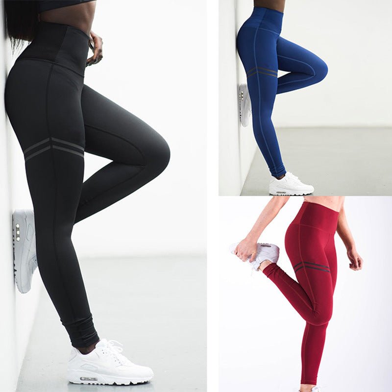 High waist solid color cross-border striped stretch yoga pants fitness bottoming nine points trousers - Inspiren-Ezone
