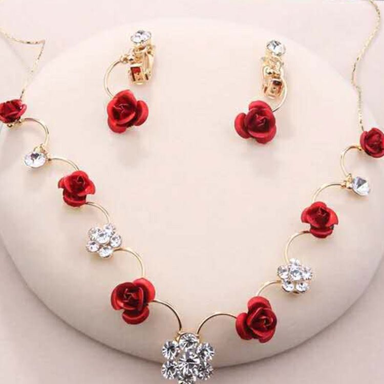 Korean small clear new bride red rose necklace, earrings, suit dress and accessories - Inspiren-Ezone