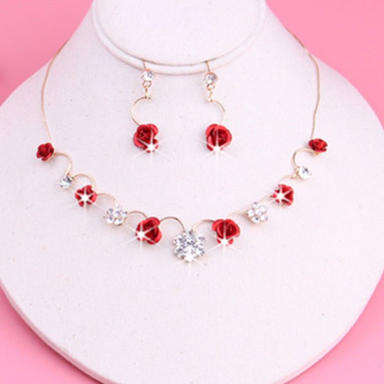 Korean small clear new bride red rose necklace, earrings, suit dress and accessories - Inspiren-Ezone