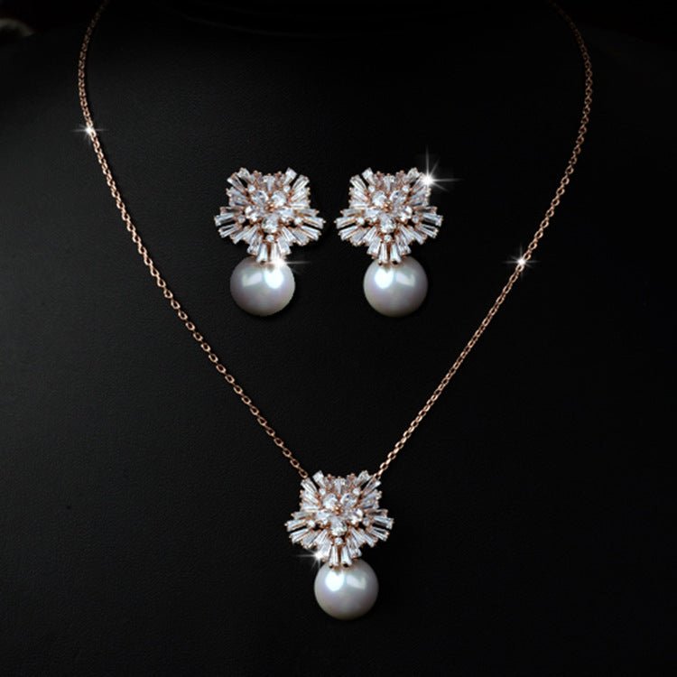 Korean temperament luxury high-grade pearl necklace earrings set with zircon jewelry micro all-match fashion bride - Inspiren-Ezone