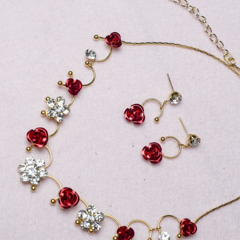 New Korean bridal jewelry necklace, earring, red rose necklace set, Wedding Toasting dress, accessories - Inspiren-Ezone