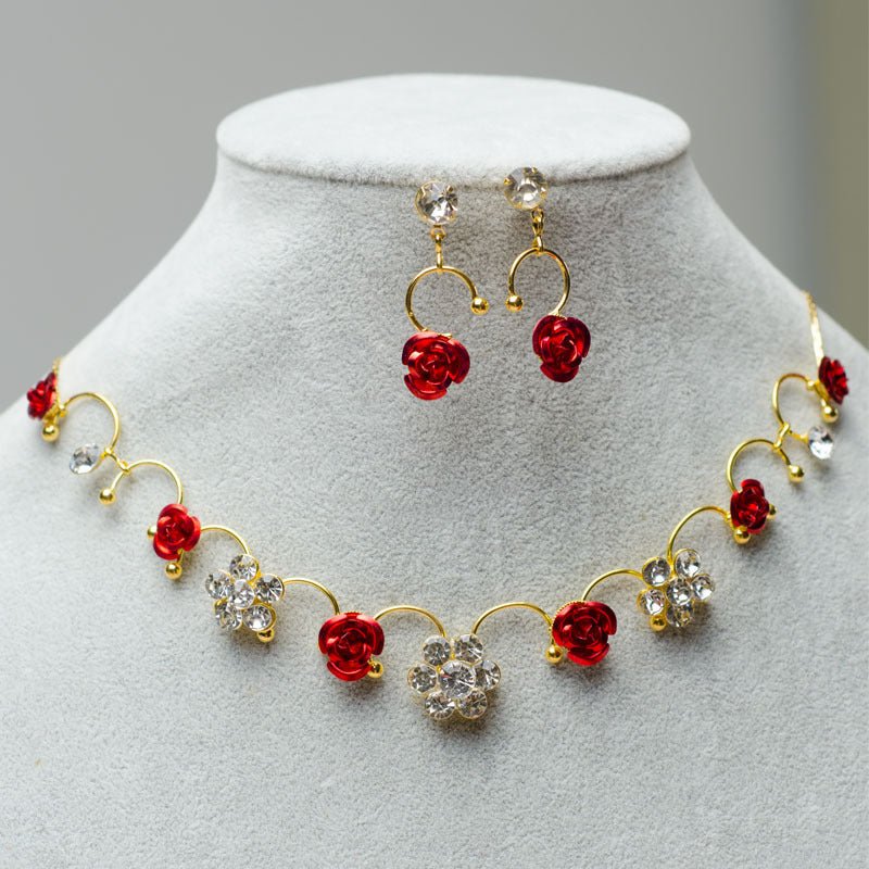 New Korean bridal jewelry necklace, earring, red rose necklace set, Wedding Toasting dress, accessories - Inspiren-Ezone