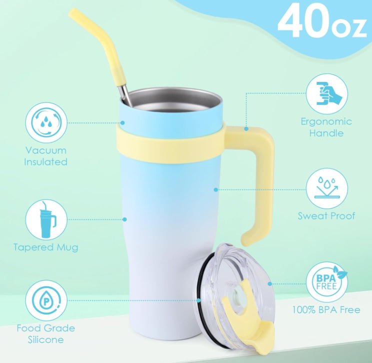 Ochapa 40 Oz Tumbler With Handle Straw Lid Insulated Vacuum Stainless Steel Travel Tapered Mug Gift Coffee Cup Holder Friendly Keep Cold Or Hot Sweat Proof Resuable - Inspiren-Ezone
